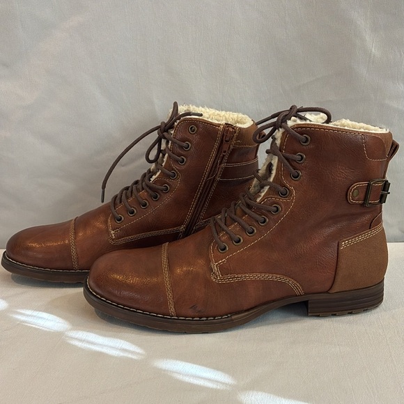 Dexter faux brown leather faux Sherpa lined ankle boots lace up & zip up Size 9 - Picture 1 of 16